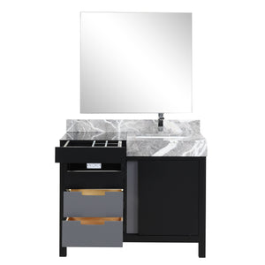 Lexora LZ342242SLISM34FMC Zilara 42" Black and Grey Vanity, Castle Grey Marble Top, White Square Sink, Monte Chrome Faucet Set, and 34" Frameless Mirror