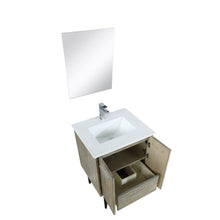 Load image into Gallery viewer, Lexora LLC24SKSOSM18FBN Lancy 24&quot; Rustic Acacia Bathroom Vanity, White Quartz Top, White Square Sink, Labaro Brushed Nickel Faucet Set, and 18&quot; Frameless Mirror