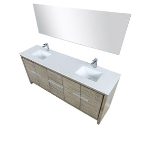 Lexora LLF80DKSODM70FBN Lafarre 80" Rustic Acacia Double Bathroom Vanity, White Quartz Top, White Square Sinks, Labaro Brushed Nickel Faucet Set, and 70" Frameless Mirror