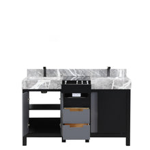 Load image into Gallery viewer, Lexora LZ342255SLISFBG Zilara 55&quot; Black and Grey Double Vanity, Castle Grey Marble Tops, White Square Sinks, and Balzani Gun Metal Faucet Set