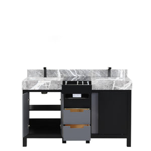 Lexora LZ342255SLISFBG Zilara 55" Black and Grey Double Vanity, Castle Grey Marble Tops, White Square Sinks, and Balzani Gun Metal Faucet Set