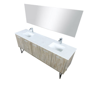 Lexora LLC80DKSOSM70FGM Lancy 80" Rustic Acacia Double Bathroom Vanity, White Quartz Top, White Square Sinks, Balzani Gun Metal Faucet Set, and 70" Frameless Mirror