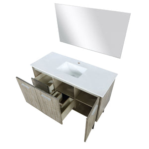 Lexora LLC48SKSOSM43 Lancy 48" Rustic Acacia Bathroom Vanity, White Quartz Top, White Square Sink, and 43" Frameless Mirror