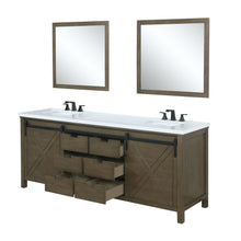 Load image into Gallery viewer, Lexora LM342280DKCSM30F Marsyas 80&quot; Rustic Brown Double Vanity, White Quartz Top, White Square Sinks and 30&quot; Mirrors w/ Faucets