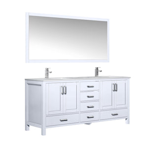 Lexora LJ342272DADSM70F Jacques 72" White Double Vanity, White Carrara Marble Top, White Square Sinks and 70" Mirror w/ Faucets