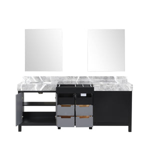 Lexora LZ342280DLISM30 Zilara 80" Black and Grey Double Vanity, Castle Grey Marble Tops, White Square Sinks, and 30" Frameless Mirrors
