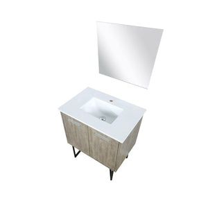 Lexora LLC30SKSOSM28 Lancy 30" Rustic Acacia Bathroom Vanity, White Quartz Top, White Square Sink, and 28" Frameless Mirror