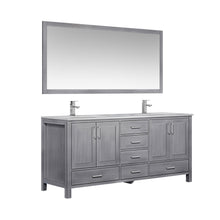 Load image into Gallery viewer, Lexora LJ342272DDDSM70F Jacques 72&quot; Distressed Grey Double Vanity, White Carrara Marble Top, White Square Sinks and 70&quot; Mirror w/ Faucets