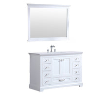 Load image into Gallery viewer, Lexora LD342248SAWQM46F Dukes 48&quot; White Single Vanity, White Quartz Top, White Square Sink and 46&quot; Mirror w/ Faucet