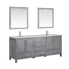 Load image into Gallery viewer, Lexora LJ342280DDDSM30F Jacques 80&quot; Distressed Grey Double Vanity, White Carrara Marble Top, White Square Sinks and 30&quot; Mirrors w/ Faucets