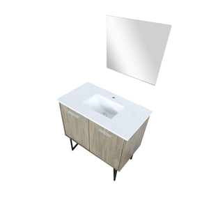 Lexora LLC36SKSOSM28 Lancy 36" Rustic Acacia Bathroom Vanity, White Quartz Top, White Square Sink, and 28" Frameless Mirror