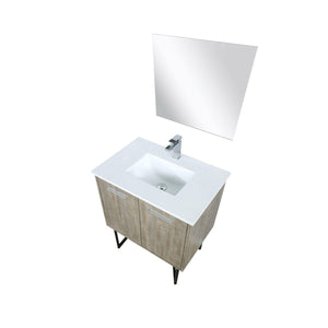 Lexora LLC30SKSOSM28FCH Lancy 30" Rustic Acacia Bathroom Vanity, White Quartz Top, White Square Sink, Monte Chrome Faucet Set, and 28" Frameless Mirror