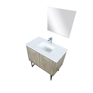 Lexora LLC36SKSOSM28FRG Lancy 36" Rustic Acacia Bathroom Vanity, White Quartz Top, White Square Sink, Labaro Rose Gold Faucet Set, and 28" Frameless Mirror