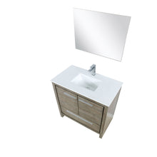 Load image into Gallery viewer, Lexora LLF36SKSOSM28FBN Lafarre 36&quot; Rustic Acacia Bathroom Vanity, White Quartz Top, White Square Sink, Labaro Brushed Nickel Faucet Set, and 28&quot; Frameless Mirror