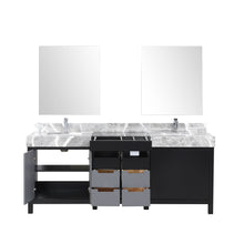 Load image into Gallery viewer, Lexora LZ342280DLISM30FMC Zilara 80&quot; Black and Grey Double Vanity, Castle Grey Marble Tops, White Square Sinks, Monte Chrome Faucet Set, and 30&quot; Frameless Mirrors