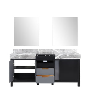 Lexora LZ342272DLISM28 Zilara 72" Black and Grey Double Vanity, Castle Grey Marble Tops, White Square Sinks, and 28" Frameless Mirrors