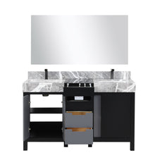 Load image into Gallery viewer, Lexora LZ342255SLISM53FBG Zilara 55&quot; Black and Grey Double Vanity, Castle Grey Marble Tops, White Square Sinks, Balzani Gun Metal Faucet Sets, and 53&quot; Frameless Mirror