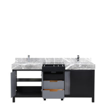 Load image into Gallery viewer, Lexora LZ342272DLISFMC Zilara 72&quot; Black and Grey Double Vanity, Castle Grey Marble Tops, White Square Sinks, and Monte Chrome Faucet Set