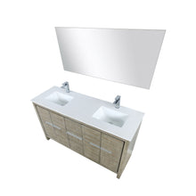 Load image into Gallery viewer, Lexora LLF60DKSODM55FRG Lafarre 60&quot; Rustic Acacia Double Bathroom Vanity, White Quartz Top,White Square Sinks, Labaro Rose Gold Faucet Set, and 55&quot; Frameless Mirror