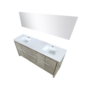 Lexora LLF72DKSODM70 Lafarre 72" Rustic Acacia Double Bathroom Vanity, White Quartz Top, White Square Sinks, and 70" Frameless Mirror