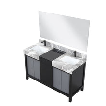 Load image into Gallery viewer, Lexora LZ342255SLISM53FBG Zilara 55&quot; Black and Grey Double Vanity, Castle Grey Marble Tops, White Square Sinks, Balzani Gun Metal Faucet Sets, and 53&quot; Frameless Mirror