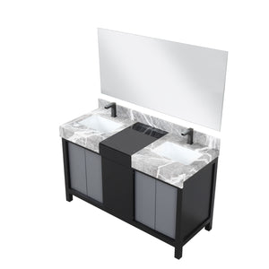 Lexora LZ342255SLISM53FBG Zilara 55" Black and Grey Double Vanity, Castle Grey Marble Tops, White Square Sinks, Balzani Gun Metal Faucet Sets, and 53" Frameless Mirror