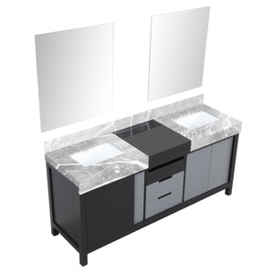 Lexora LZ342272DLISM28 Zilara 72" Black and Grey Double Vanity, Castle Grey Marble Tops, White Square Sinks, and 28" Frameless Mirrors