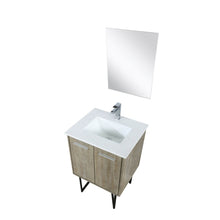 Load image into Gallery viewer, Lexora LLC24SKSOSM18FGM Lancy 24&quot; Rustic Acacia Bathroom Vanity, White Quartz Top, White Square Sink, Balzani Gun Metal Faucet Set, and 18&quot; Frameless Mirror