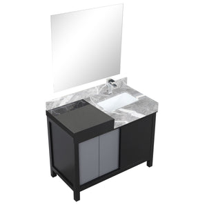 Lexora LZ342242SLISM34FMC Zilara 42" Black and Grey Vanity, Castle Grey Marble Top, White Square Sink, Monte Chrome Faucet Set, and 34" Frameless Mirror