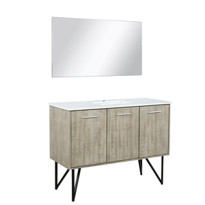 Lexora LLC48SKSOSM43 Lancy 48" Rustic Acacia Bathroom Vanity, White Quartz Top, White Square Sink, and 43" Frameless Mirror