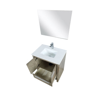 Lexora LLF30SKSOSM28FRG Lafarre 30" Rustic Acacia Bathroom Vanity, White Quartz Top, White Square Sink, Labaro Rose Gold Faucet Set, and 28" Frameless Mirror