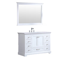 Load image into Gallery viewer, Lexora LD342248SAWQM46 Dukes 48&quot; White Single Vanity, White Quartz Top, White Square Sink and 46&quot; Mirror