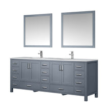 Load image into Gallery viewer, Lexora LJ342284DBDSM34F Jacques 84&quot; Dark Grey Double Vanity, White Carrara Marble Top, White Square Sinks and 34&quot; Mirrors w/ Faucets