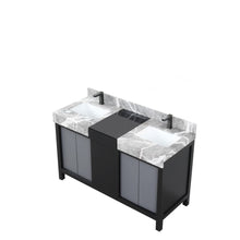 Load image into Gallery viewer, Lexora LZ342255SLISFBG Zilara 55&quot; Black and Grey Double Vanity, Castle Grey Marble Tops, White Square Sinks, and Balzani Gun Metal Faucet Set