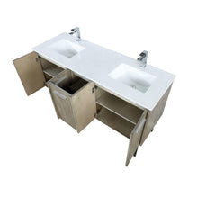 Load image into Gallery viewer, Lexora LLC60DKSOS000FCH Lancy 60&quot; Rustic Acacia Double Bathroom Vanity, White Quartz Top, White Square Sinks, and Monte Chrome Faucet Set