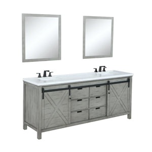 Lexora LM342284DHCSM34F Marsyas 84" Ash Grey Double Vanity, White Quartz Top, White Square Sinks and 34" Mirrors w/ Faucets