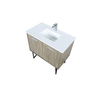 Lexora LLC36SKSOS000FBN Lancy 36" Rustic Acacia Bathroom Vanity, White Quartz Top, White Square Sink, and Labaro Brushed Nickel Faucet Set