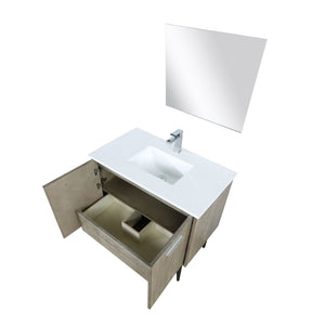 Lexora LLC36SKSOSM28FRG Lancy 36" Rustic Acacia Bathroom Vanity, White Quartz Top, White Square Sink, Labaro Rose Gold Faucet Set, and 28" Frameless Mirror