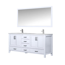 Load image into Gallery viewer, Lexora LJ342272DADSM70F Jacques 72&quot; White Double Vanity, White Carrara Marble Top, White Square Sinks and 70&quot; Mirror w/ Faucets