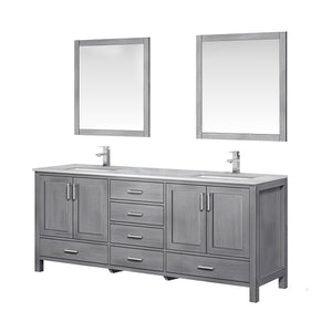 Lexora LJ342280DDDSM30F Jacques 80" Distressed Grey Double Vanity, White Carrara Marble Top, White Square Sinks and 30" Mirrors w/ Faucets