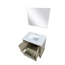 Load image into Gallery viewer, Lexora LLF30SKSOSM28 Lafarre 30&quot; Rustic Acacia Bathroom Vanity, White Quartz Top, White Square Sink, and 28&quot; Frameless Mirror