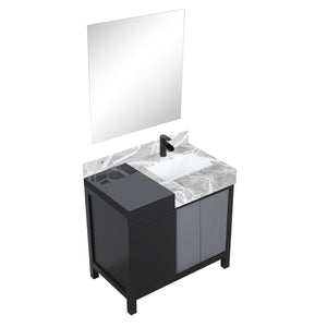 Lexora LZ342236SLISM30FCM Zilara 36" Black and Grey Vanity, Castle Grey Marble Top, White Square Sink, Cascata Nera Matte Black Faucet Set, and 30" Frameless Mirror