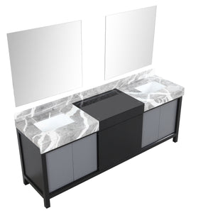 Lexora LZ342284DLISM34 Zilara 84" Black and Grey Double Vanity, Castle Grey Marble Tops, White Square Sinks, and 34" Frameless Mirrors