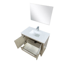 Load image into Gallery viewer, Lexora LLF36SKSOSM28FBN Lafarre 36&quot; Rustic Acacia Bathroom Vanity, White Quartz Top, White Square Sink, Labaro Brushed Nickel Faucet Set, and 28&quot; Frameless Mirror