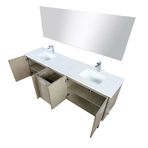 Lexora LLC80DKSOSM70FGM Lancy 80" Rustic Acacia Double Bathroom Vanity, White Quartz Top, White Square Sinks, Balzani Gun Metal Faucet Set, and 70" Frameless Mirror