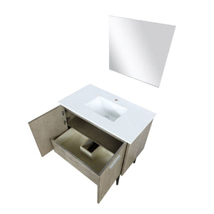 Lexora LLC36SKSOSM28 Lancy 36" Rustic Acacia Bathroom Vanity, White Quartz Top, White Square Sink, and 28" Frameless Mirror