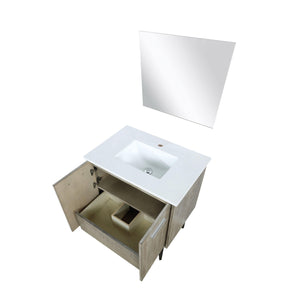 Lexora LLC30SKSOSM28 Lancy 30" Rustic Acacia Bathroom Vanity, White Quartz Top, White Square Sink, and 28" Frameless Mirror