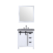 Load image into Gallery viewer, Lexora LM342230SAASM28F Marsyas 30&quot; White Single Vanity, Grey Quartz Top, White Square Sink and 28&quot; Mirror w/ Faucet