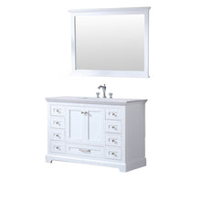 Load image into Gallery viewer, Lexora LD342248SAWQM46F Dukes 48&quot; White Single Vanity, White Quartz Top, White Square Sink and 46&quot; Mirror w/ Faucet