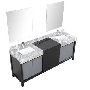 Lexora LZ342280DLISM30FMC Zilara 80" Black and Grey Double Vanity, Castle Grey Marble Tops, White Square Sinks, Monte Chrome Faucet Set, and 30" Frameless Mirrors